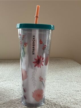 STARBUCKS Quetzal Bird Cold Cup Tumbler - 24oz Venti Blue Pink Flowers